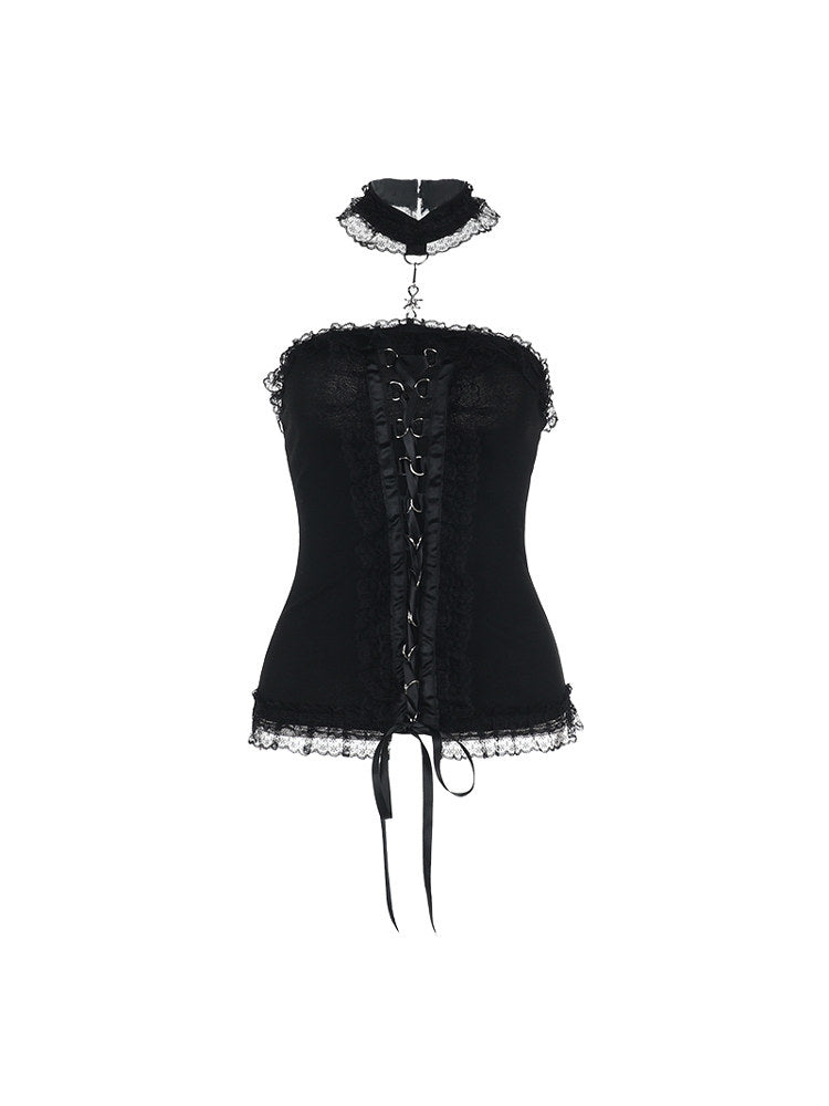 Black corset top with lace hem, ruffled choker, and front lace-up grommets