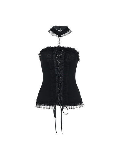 Black corset top with lace hem, ruffled choker, and front lace-up grommets