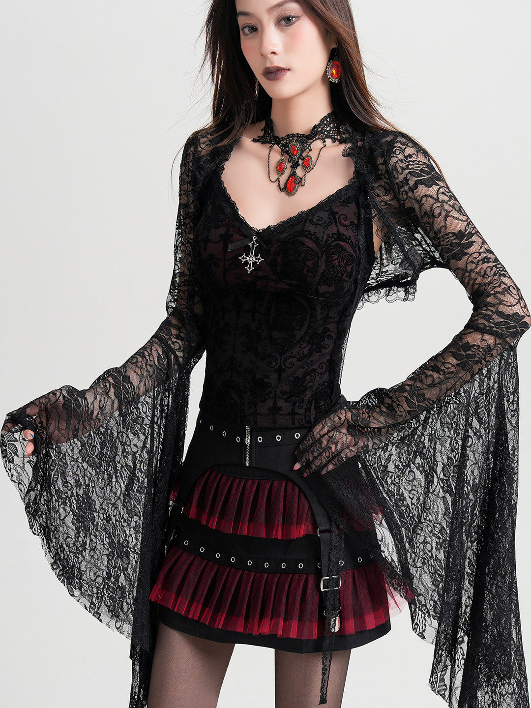 Black lace mesh camisole with V neckline and dark red flocked print