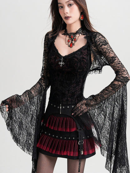 Black lace mesh camisole with V neckline and dark red flocked print