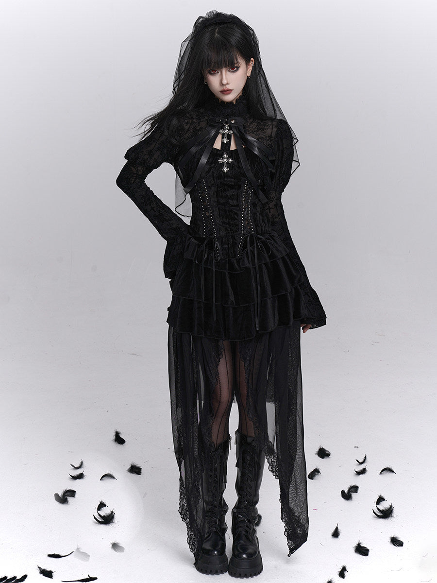 Black strapless corset top with high lace overlay and jeweled centerpiece