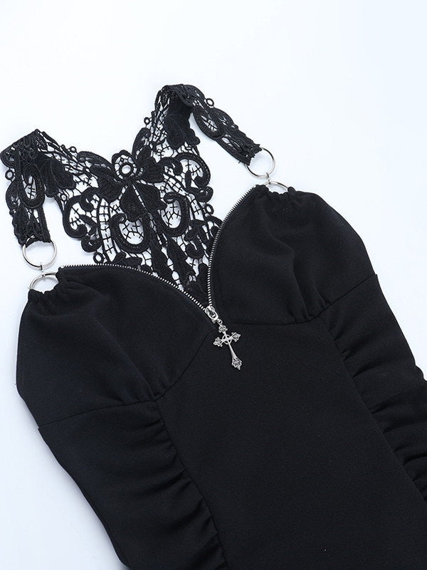 Black lace suspender vest showing lace cups, side view, and silver cross charm