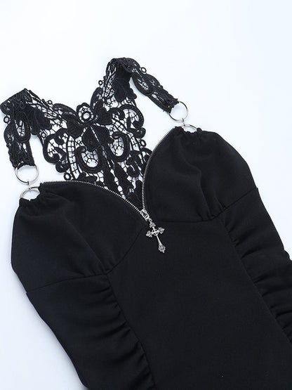 Black lace suspender vest showing lace cups, side view, and silver cross charm