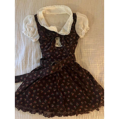 Floral doll collar shirt dress, dark brown with floral print, puff sleeves, bow front and skirt
