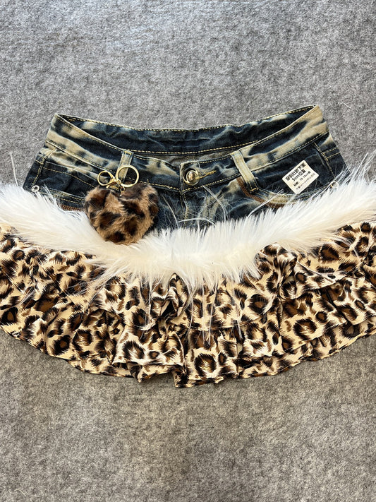 Y2K - Brown Leopard Vintage Denim Skirt