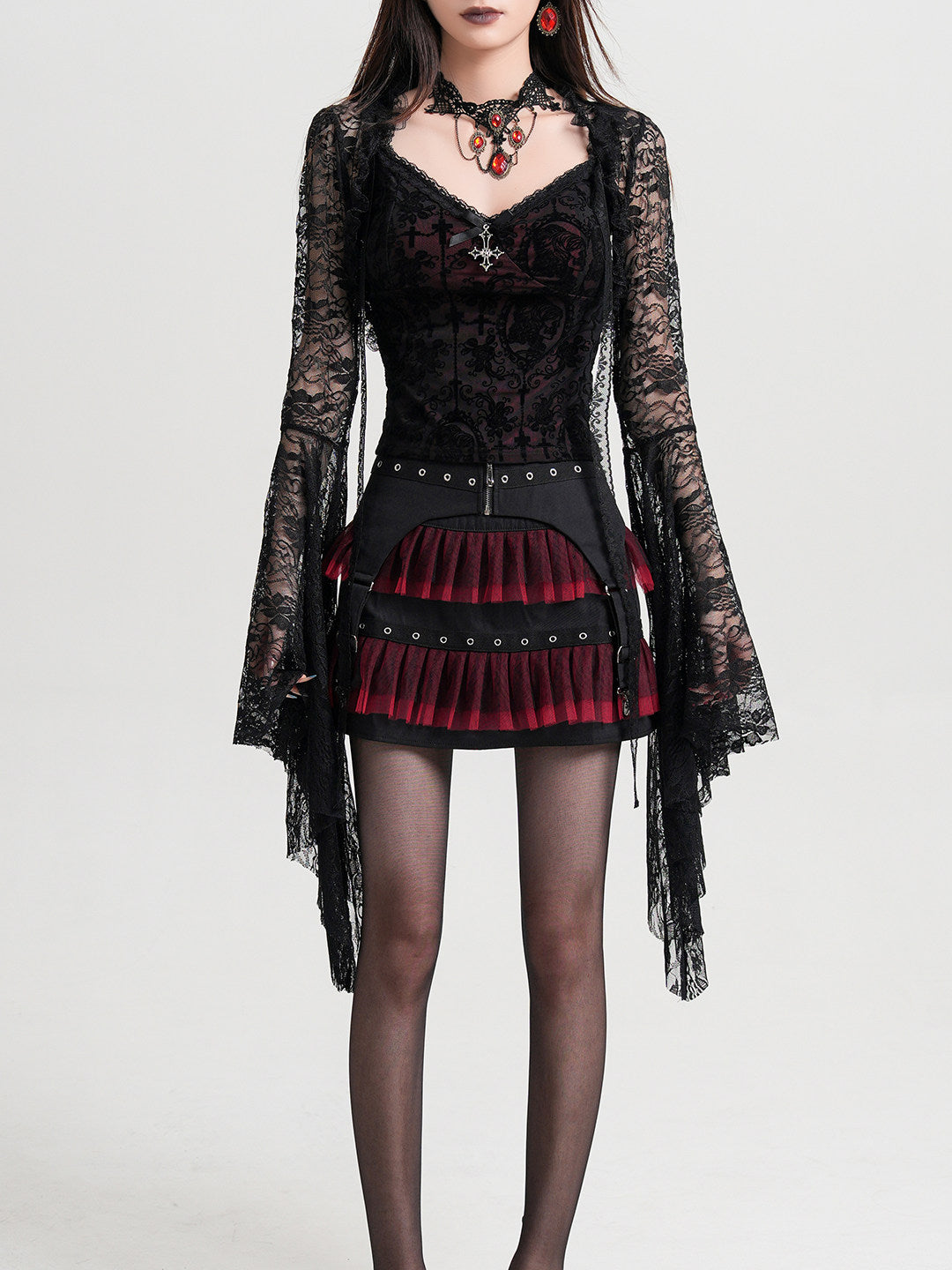 Black mesh camisole with V neckline, button front, and dark red flocked panel