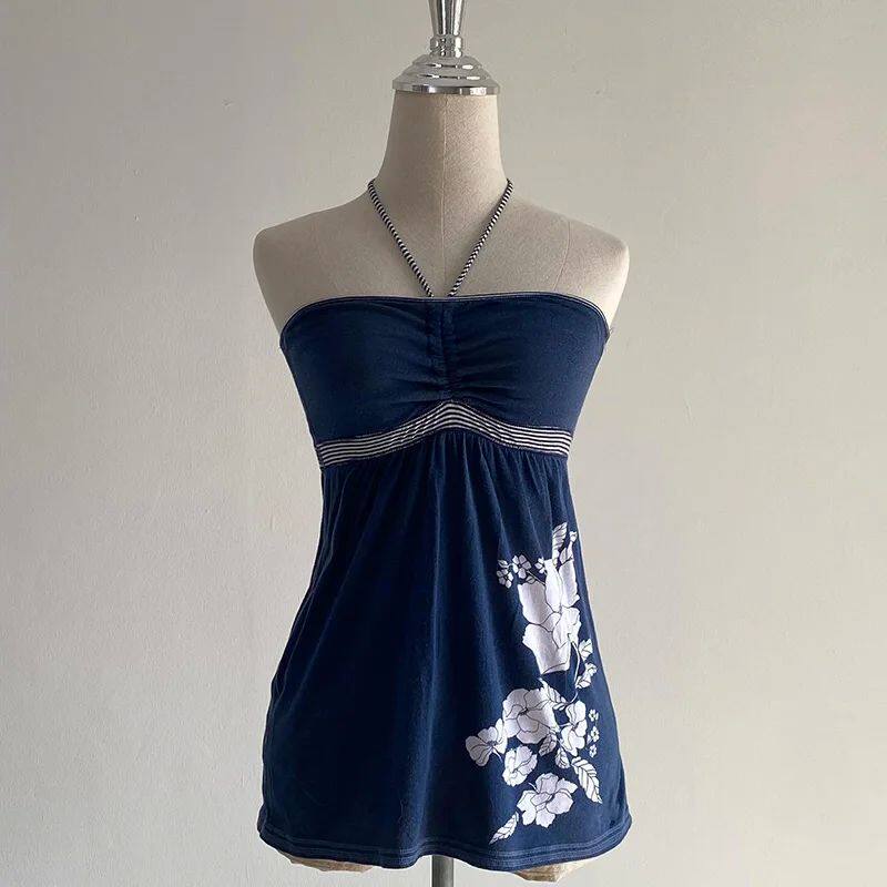 Navy bandeau mini dress with white floral side panel and gathered waist