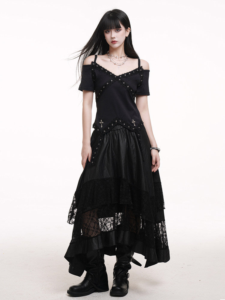 Black tiered maxi skirt with elastic waist, layered ruffles, and lace inserts at hem