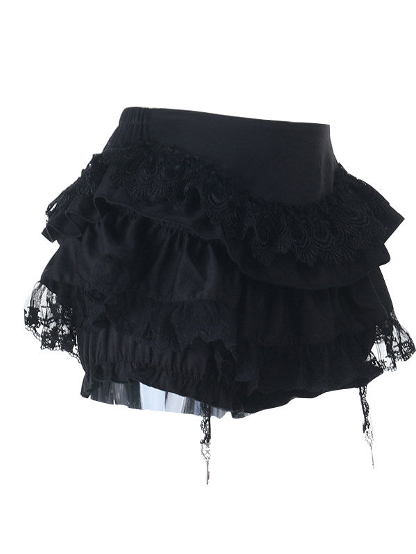 Black tiered doll skirt with lace overlay and layered ruffle hem