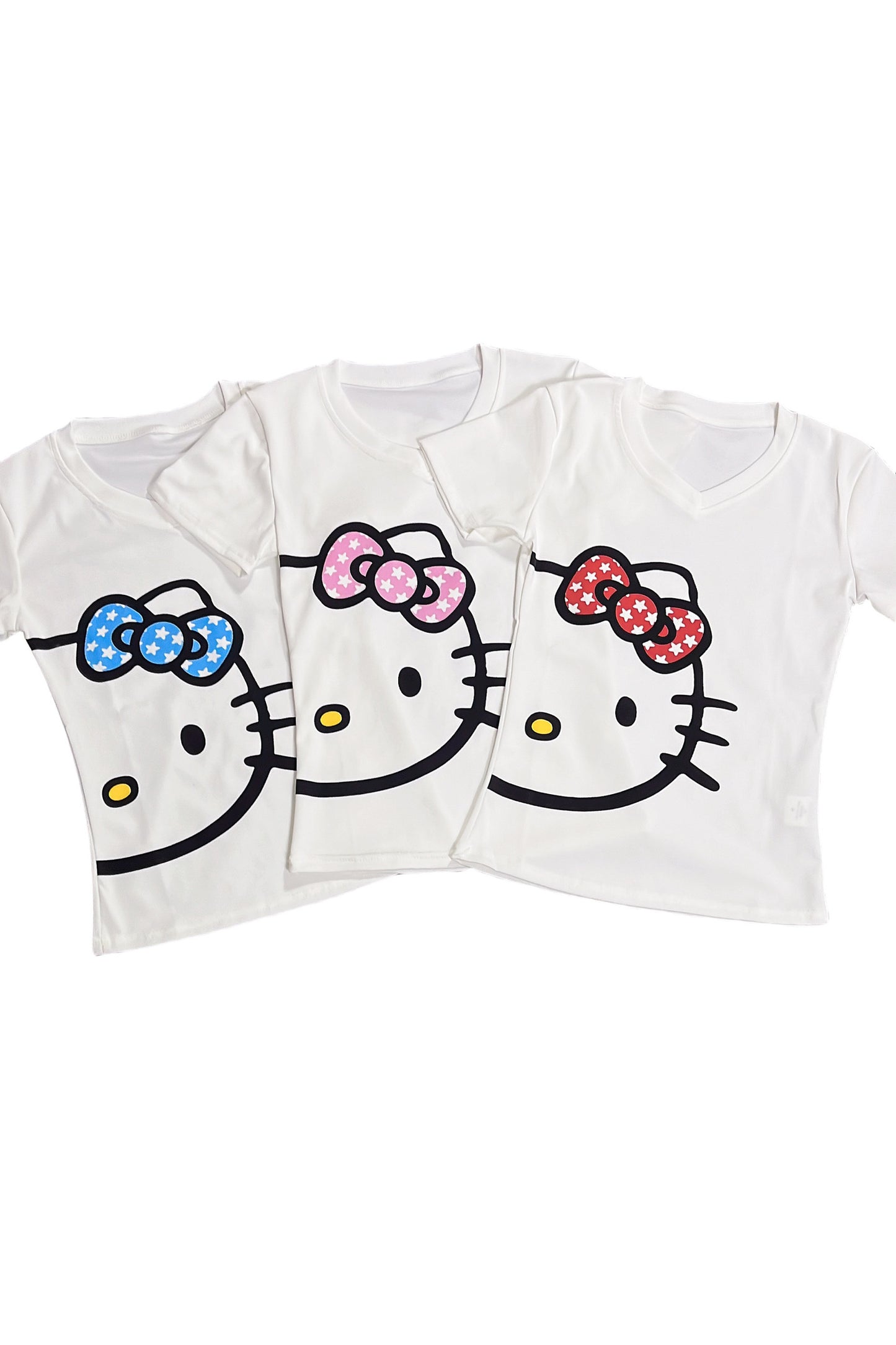 White v-neck T-shirt set with kitty cat graphics and blue, pink, red bows