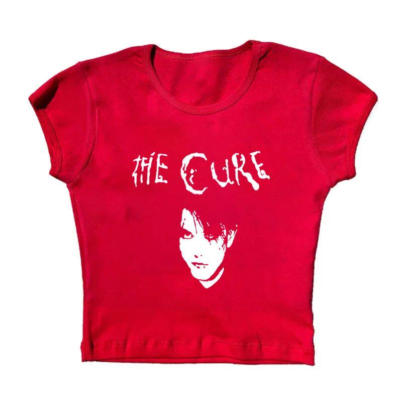 Red crewneck graphic T-shirt with band text and face portrait print