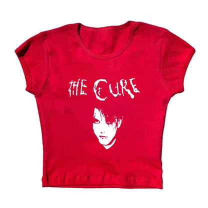 Red crewneck graphic T-shirt with band text and face portrait print