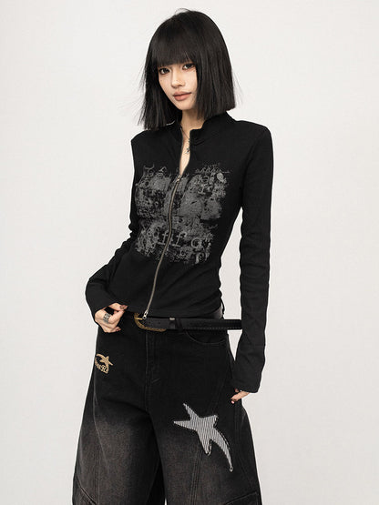 Black zip-up long-sleeve jacket with centered gray graffiti graphic and front zipper