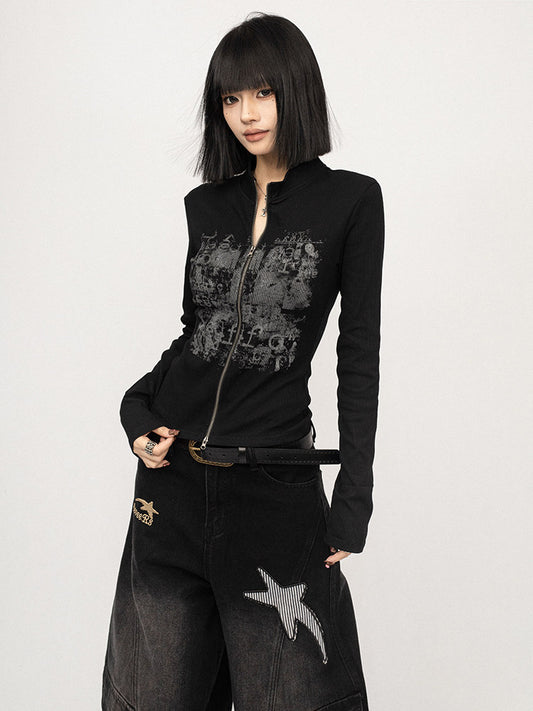 Black Graffiti Print Long-Sleeve