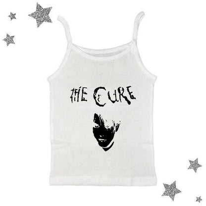White sleeveless graphic cami with centered The Cure logo and face print