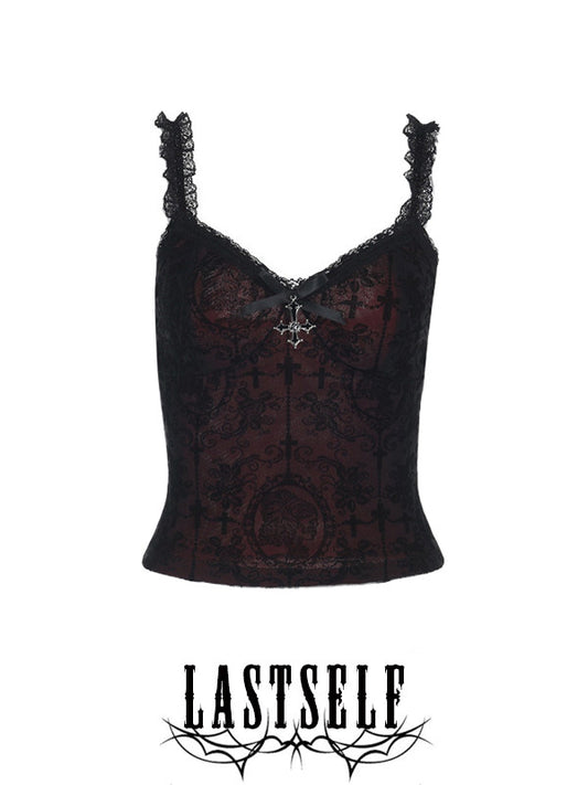 Bloody Night Song Dark Red Flocked Mesh Cross Camisole