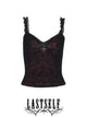 Black mesh camisole with scalloped lace straps and dark red flocked corset print