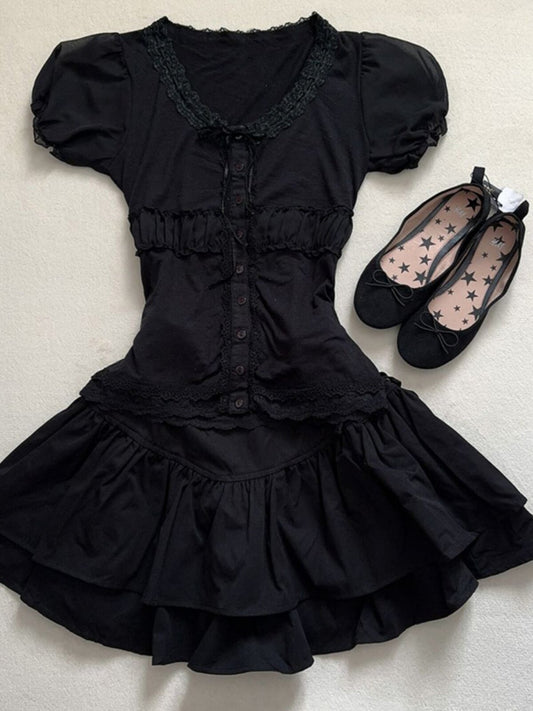 Black Lace Patchwork Shirt Skirt Set
