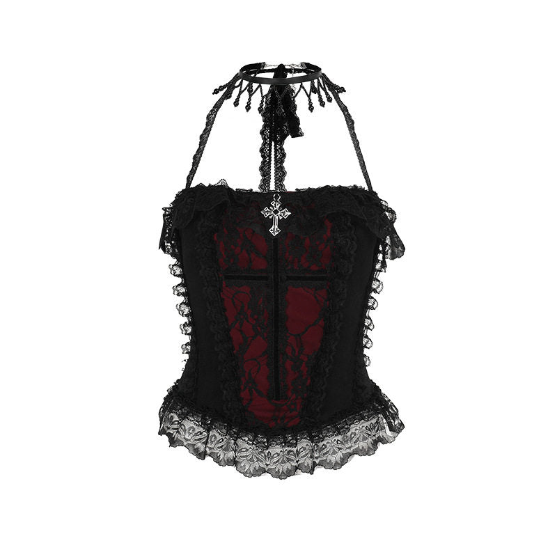 Black lace halterneck vest blouse with red contrast panel and scalloped lace hem.