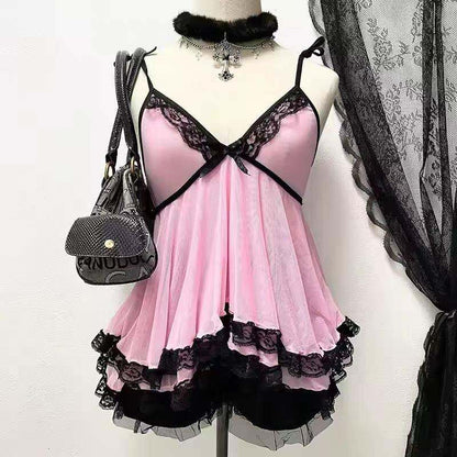 Pink and black lace layered babydoll with ribbon bow neckline and skirt ruffles