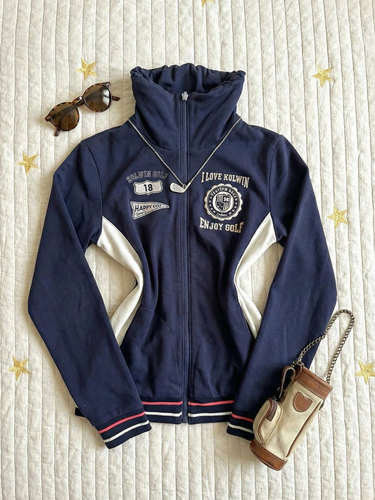 Blue Lettering Stand Collar Jacket