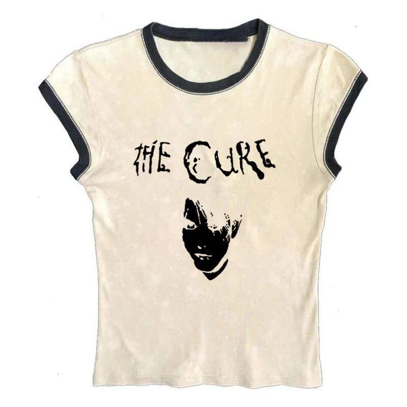 Ivory crewneck graphic T-shirt with black trim and face portrait print