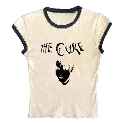 Ivory crewneck graphic T-shirt with black trim and face portrait print
