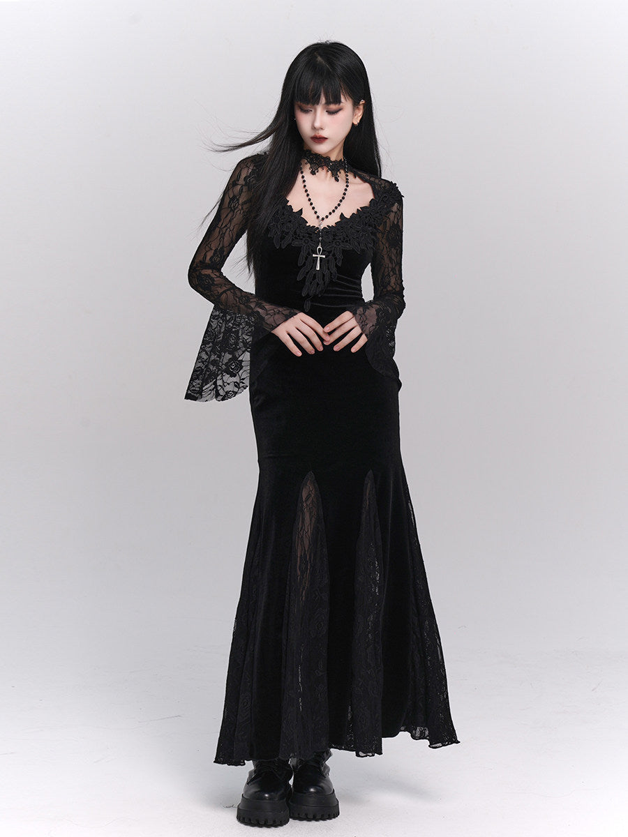 Gothic Black Mermaid Maxi Dress