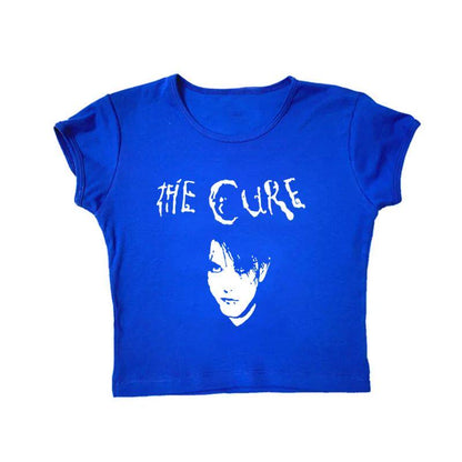Blue crewneck graphic T-shirt with band text and face portrait print