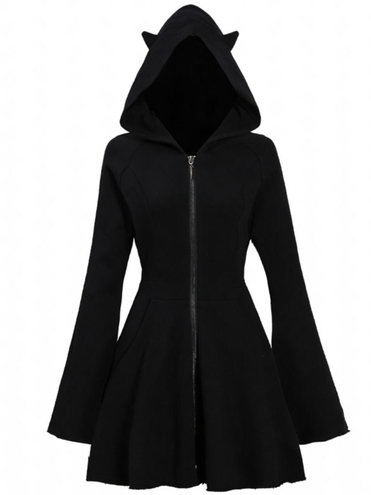 Black hooded zip-front sweater with pointed hood tips and flared hem