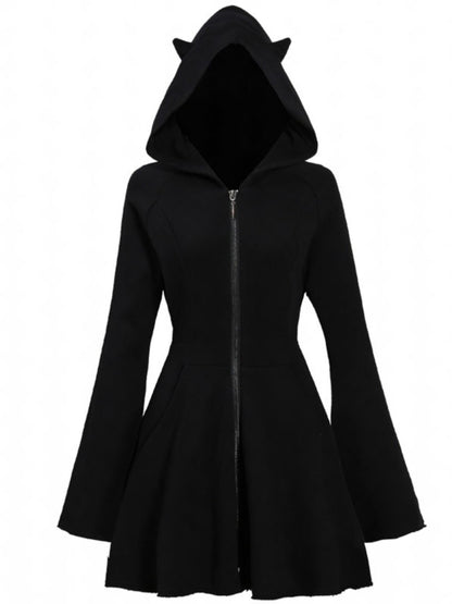 Black hooded zip-front sweater with pointed hood tips and flared hem