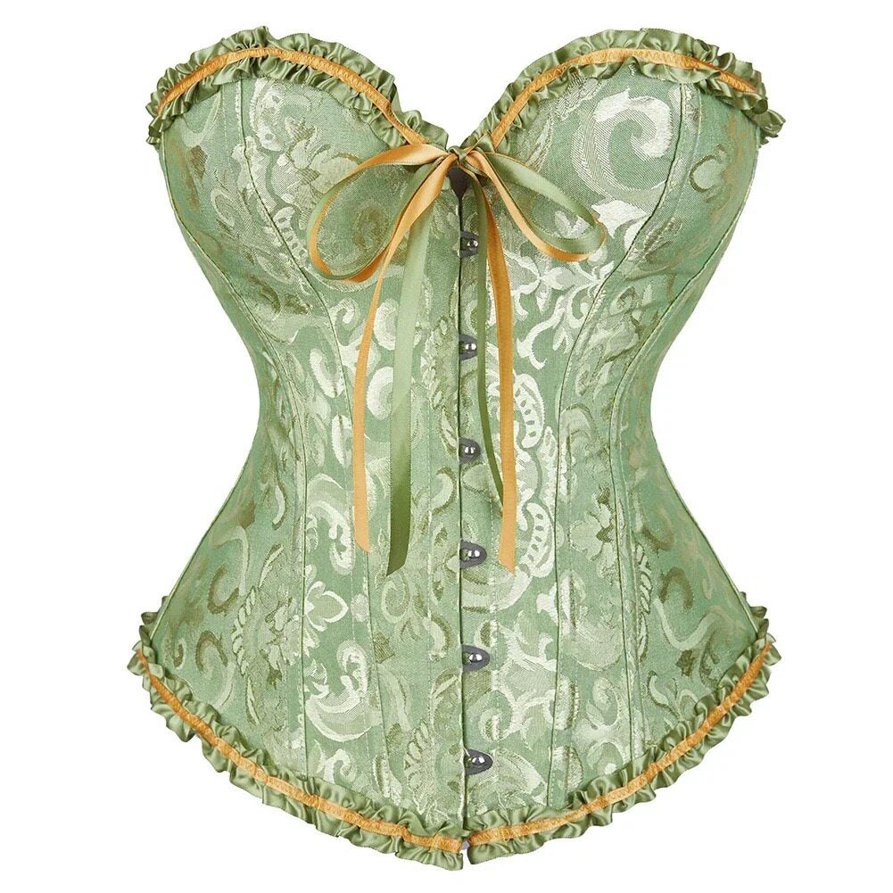 Green brocade corset with sweetheart neckline, front buttons, ribbon tie and ruffled trim.