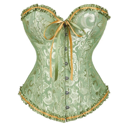 Green brocade corset with sweetheart neckline, front buttons, ribbon tie and ruffled trim.