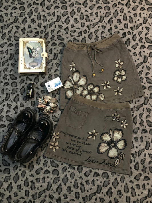 Khaki Floral Print Sweet Girly Midi Skirt