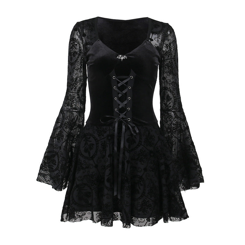 Black gothic skater dress flat lay: velvet-look bodice, corset lacing, long lace sleeves