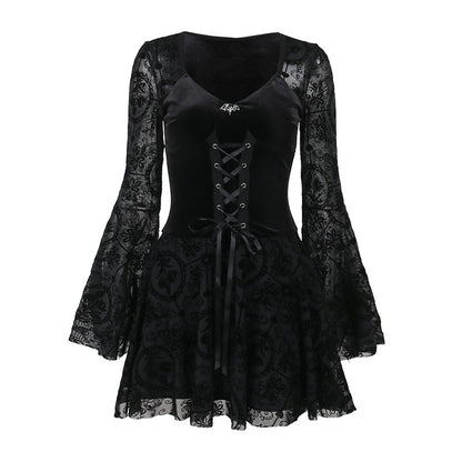 Black gothic skater dress flat lay: velvet-look bodice, corset lacing, long lace sleeves