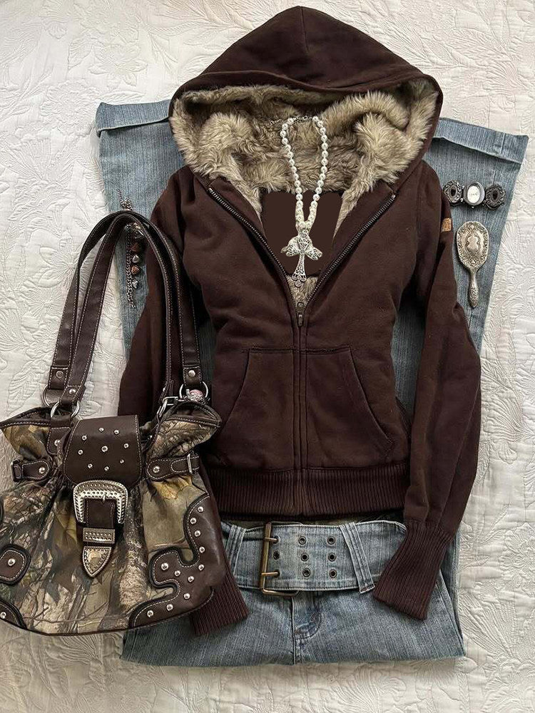 Brown fleece hooded zip jacket with faux fur hood lining and ribbed cuffs