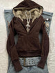 Brown fleece hooded zip jacket with faux fur-lined collar and front pockets