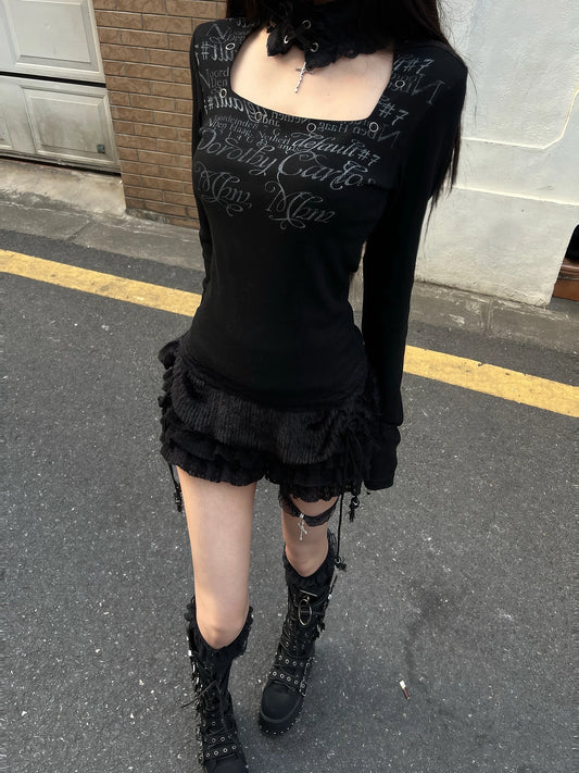 TearsOfNaivety lace neck loop monogram print top