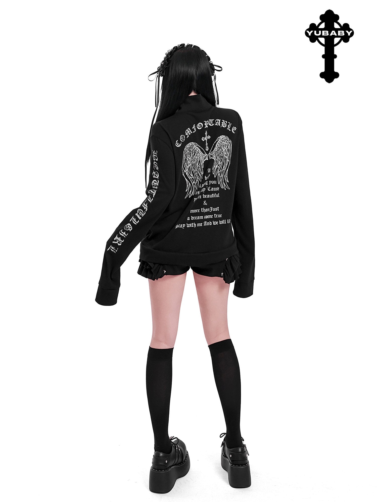 Black zip-up cardigan with winged cross back print and printed sleeve lettering