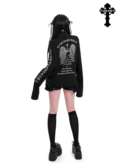 Black zip-up cardigan with winged cross back print and printed sleeve lettering