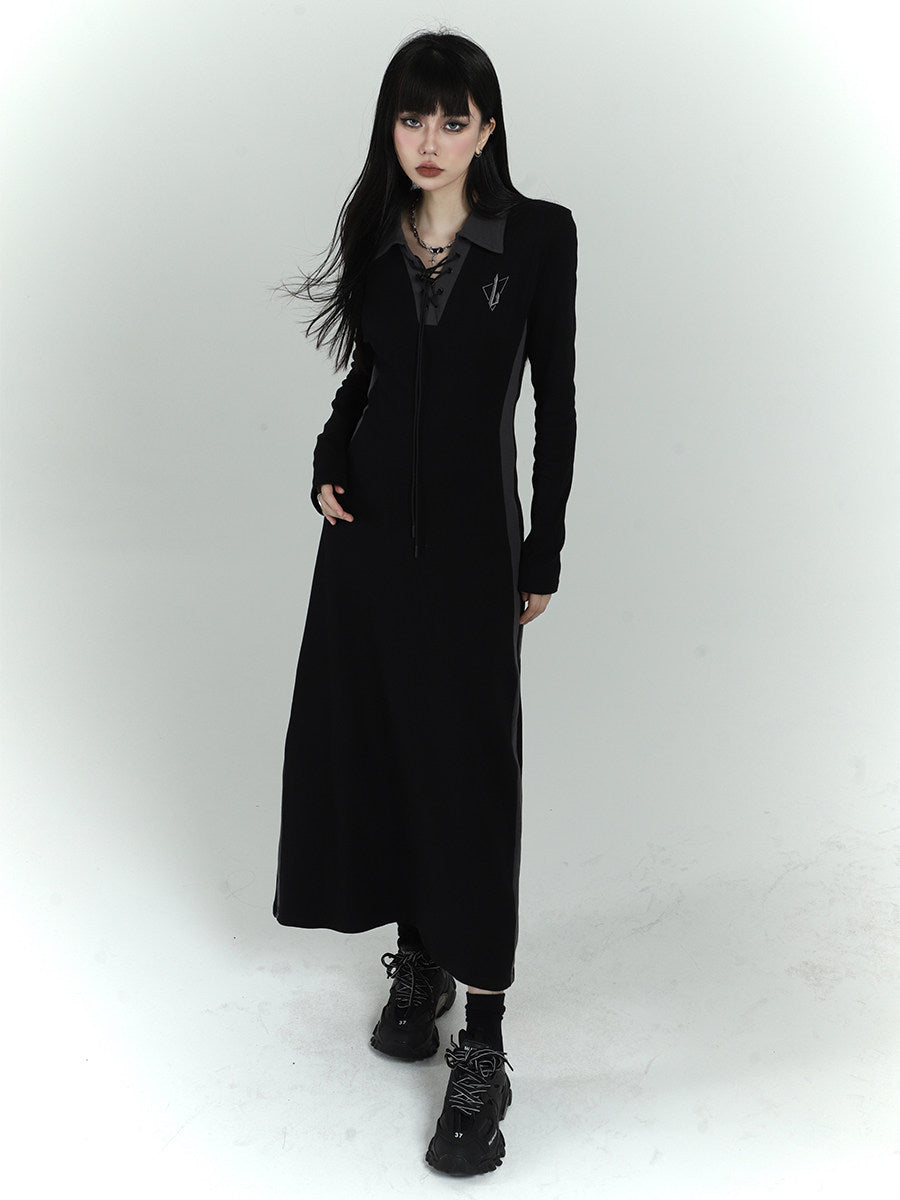 Black Long Sleeve Polo Maxi Dress