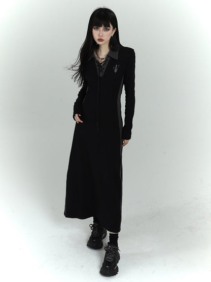 Black Long Sleeve Polo Maxi Dress