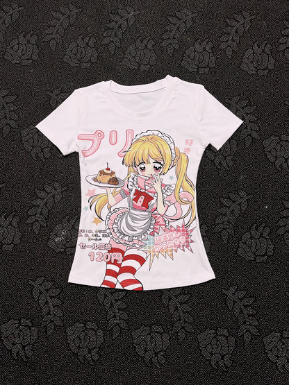 White graphic T-shirt with cartoon anime girl holding a dessert plate