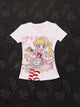 White graphic T-shirt with cartoon anime girl holding a dessert plate