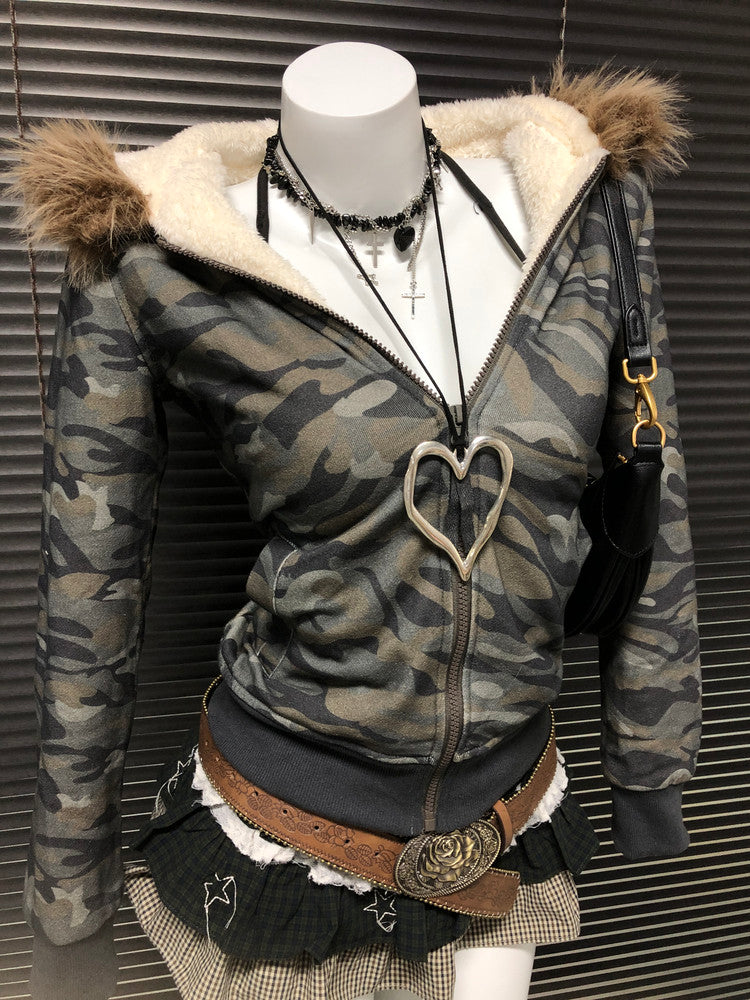 Camouflage plush hooded zip sweatshirt featuring sherpa hood lining and heart front pull