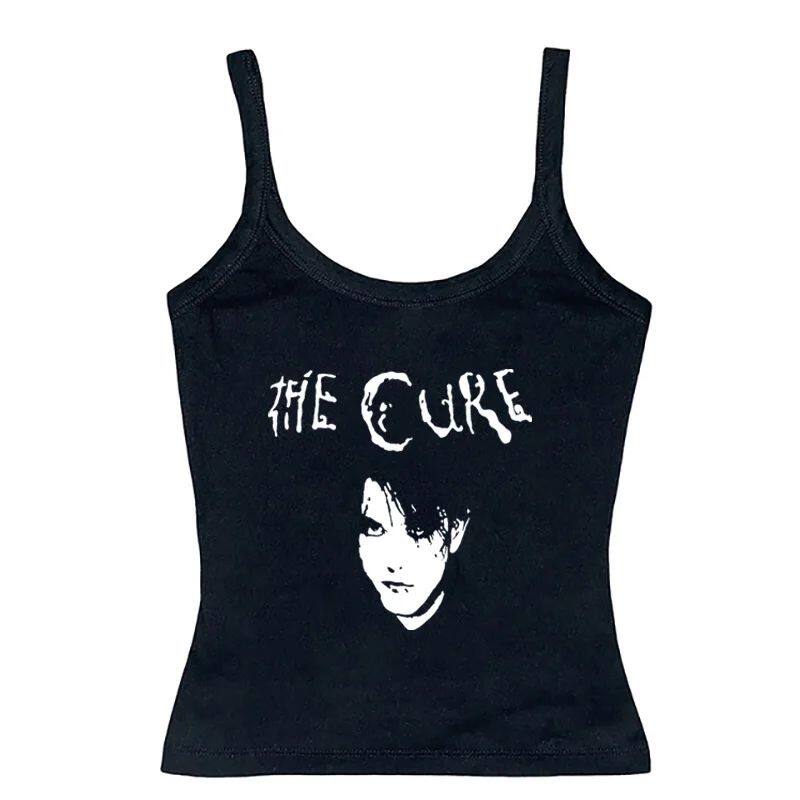 Black sleeveless graphic cami with centered The Cure logo and face print