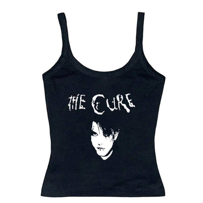 Black sleeveless graphic cami with centered The Cure logo and face print