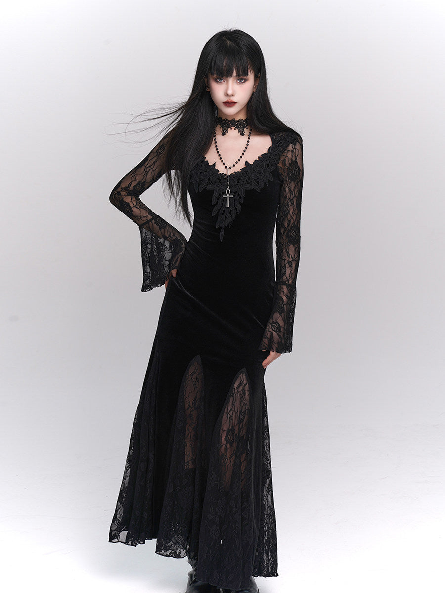 Gothic Black Mermaid Maxi Dress