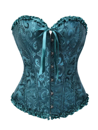 Teal brocade corset with sweetheart neckline, front buttons, satin ribbon tie and ruffled trim.